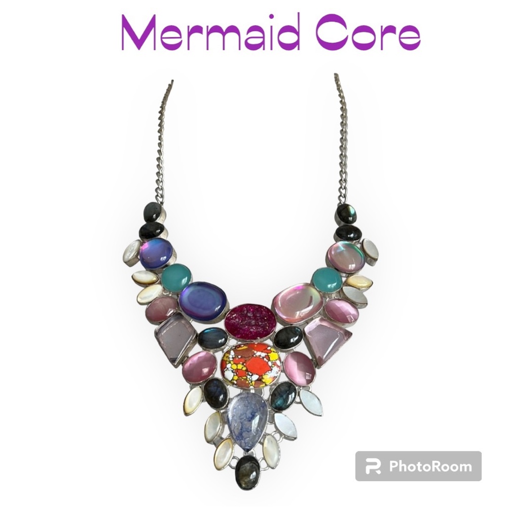 Mosaic 925 Silver Labradorite Mother of Pearl Chalcedony Glass Bib Necklace